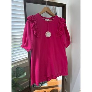 Umgee Hot Pink Ruffle Sleeve Sweatshirt Dress Women's Size S Short Sleeve New